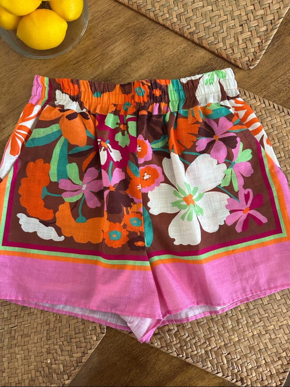 Lavender Brown Pink Tropical Floral High-Waist Elastic Shorts